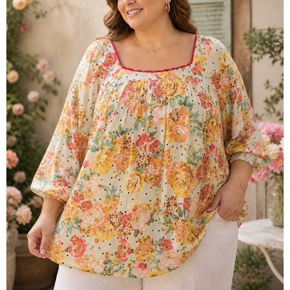 Figueroa & Flower Women Floral Peasant Blouse 3X Flowy Poetic Boho Cottagecore
